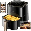 A black air fryer filled with french fries, with a smartphone displaying recipes and a recipe booklet next to it. Produktbild-Vorschau