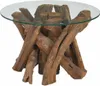 A round glass-top coffee table with a base made of intertwined driftwood. Produktbild-Vorschau
