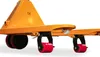 Close-up view of the wheels and frame of an orange pallet jack. Produktbild-Vorschau