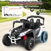 A black and white ride-on toy car with red accents, parked on a dirt road with greenery in the background. Text overlays describe its features. Náhľad obrázku produktu