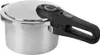A stainless steel pressure cooker with a black handle is shown against a white background. Podgląd zdjęcia produktu