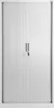 A white metal rolling door cabinet with two handles and a lock. Náhled obrázku produktu