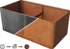 A rectangular planter box, half made of gray metal and half of rusted-looking material, is shown against a white background. Below the planter are three circular icons with arrows connecting them, depicting a process. Produktbild-Vorschau