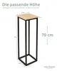 A diagram showing the dimensions of a plant stand with a wooden top and black metal frame. Produktbild-Vorschau