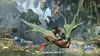 A Na'vi character riding a winged creature in a lush, alien jungle environment with other creatures running in the water. Produktbild-Vorschau