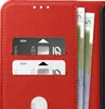 A close-up view of a red wallet-style phone case with card slots and banknotes inserted. Produktbild-Vorschau