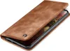 A brown leather flip case for a smartphone is shown from a diagonal angle. Produktbild-Vorschau
