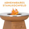 A close-up of a fire pit with flames, with text overlay. Produktbild-Vorschau