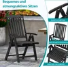 A black plastic garden chair with a wooden look is shown outdoors on a patio, with close-up insets highlighting its features. Voir les images du produit
