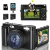 A collage of a digital camera and its accessories, with a lifestyle shot of a woman and dog on the screen. Produktbild-Vorschau