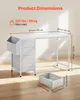 Product dimensions and features of a white desk with fabric drawers and a storage bin. Produktbild-Vorschau