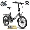 A black folding electric bicycle is shown on a white background, with a smaller blue folding electric bicycle in the upper left corner. Accessories are displayed in a gift box at the bottom. Produktbild-Vorschau
