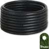A coiled black hose on a white background with a small green tag in the bottom right corner. Produktbild-Vorschau