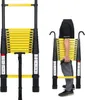 A collage showing a telescopic ladder in its extended and folded states, with a person holding the folded ladder. Náhled obrázku produktu