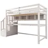 A white loft bed with stairs, a desk, and shelving units, shown against a white background. Produktbild-Vorschau