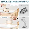 A collage of images comparing different types of ironing devices, showing a handheld steamer and a traditional iron. Produktbild-Vorschau