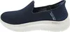 Side view of a navy blue Skechers slip-on shoe with a white sole. Produktbild-Vorschau