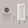 A white bathtub with accompanying accessories, presented with text indicating a complete set with accessories. Produktbild-Vorschau