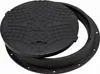 A black manhole cover and its frame are shown on a white background. Produktbild-Vorschau