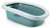 A blue and white cat litter box is shown against a white background. Produktbild-Vorschau