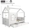Diagram of a white house-shaped children's bed with dimensions and features. Anteprima dell’immagine prodotto