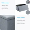 A collage of images showing a gray fabric storage ottoman, its features, and descriptive text. Produktbild-Vorschau