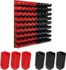 A wall-mounted storage system with red and black bins, and stacks of individual bins below. Produktbild-Vorschau