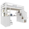 A white loft bed with a desk and storage stairs against a white background. Produktbild-Vorschau
