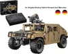 A collage showing a toy Humvee model, its packaging, and a diagram of its components. The main image is a detailed view of the assembled toy. Produktbild-Vorschau