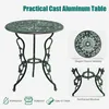 A cast aluminum table with decorative rose patterns, shown with close-up views of its tabletop and base, and icons highlighting its features. Podgląd zdjęcia produktu