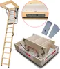 A collage of images showing a wooden attic ladder, its components, and packaging. Podgląd zdjęcia produktu