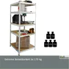 A metal shelving unit filled with various items, with weight icons on the right. Produktbild-Vorschau