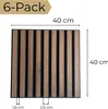 A square acoustic panel with vertical wooden slats and black backing, with dimensions indicated. Produktbild-Vorschau