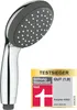 A chrome and gray hand shower with a test winner badge. Produktbild-Vorschau