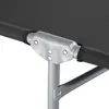 A close-up view of the joint mechanism of a black fabric lounger with a metal frame. Náhled obrázku produktu