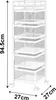 A line drawing illustration of a white rolling storage cart with five mesh baskets and wheels, with dimensions indicated. Anteprima dell’immagine prodotto