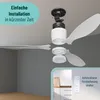 Exploded view of a ceiling fan with text highlighting easy installation, and a smaller inset showing a remote control. Produktbild-Vorschau