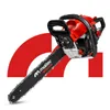 A red and black chainsaw is presented against a white background with red graphic elements. Produktbild-Vorschau