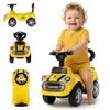 A baby is sitting on a yellow ride-on car, with other views of the car shown in smaller images. Produktbild-Vorschau