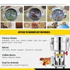 A collage of images showing a grinder and various dry materials it can process, along with text describing its applications. Produktbild-Vorschau