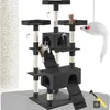 A multi-level cat tree with scratching posts, platforms, and enclosed spaces, featuring two cats and a toy mouse. Náhled obrázku produktu