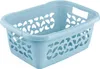 A light blue laundry basket with cut-out patterns on a white background. Produktbild-Vorschau