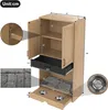 A multi-functional pet cabinet with storage, a feeding station, and a dog bed, shown with dimensions. Produktbild-Vorschau