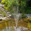 A solar-powered fountain operating in a pond with surrounding rocks and vegetation. Produktbild-Vorschau