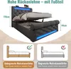 A grey upholstered bed frame with LED lighting, shown with its storage compartment open. Below are two diagrams illustrating mattress thickness compatibility. Produktbild-Vorschau