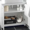 A white bathroom vanity cabinet with its doors open, revealing organized storage shelves. Produktbild-Vorschau