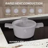 A gray pot with a lid is placed on a black induction cooktop. Text overlays describe features and compatibility. Náhled obrázku produktu