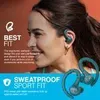 A woman is wearing teal earbuds, with marketing text and product images in the background. Anteprima dell’immagine prodotto