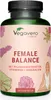 A product shot of a bottle of Vegavero Female Balance Complex supplements, with decorative floral elements and an illustration of a woman in a yoga pose. Produktbild-Vorschau