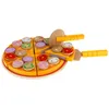 A toy pizza with various toppings, cut into slices, with a pizza cutter and serving utensil. Podgląd zdjęcia produktu